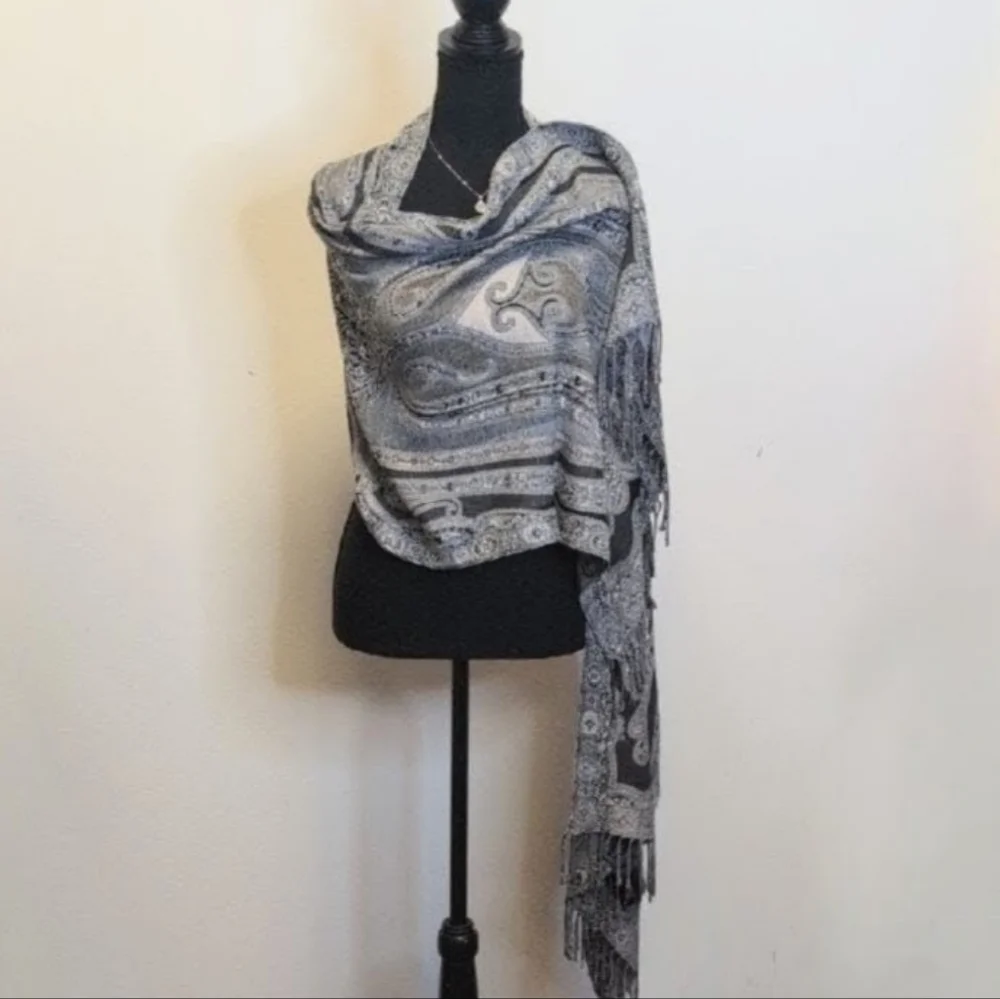 Paisley Fringe Scarf Black and Cream 21x 76